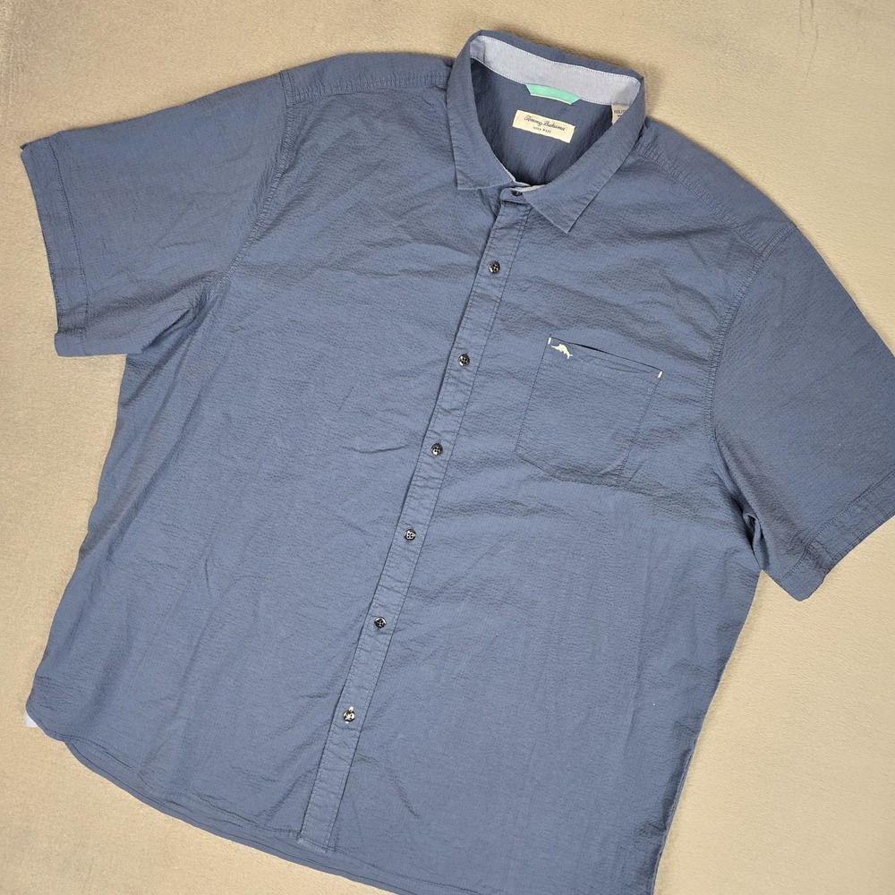 Tommy Bahama Shirt Mens 3XL Nova Wave Blue Seersucker Pocket Camp Stretch